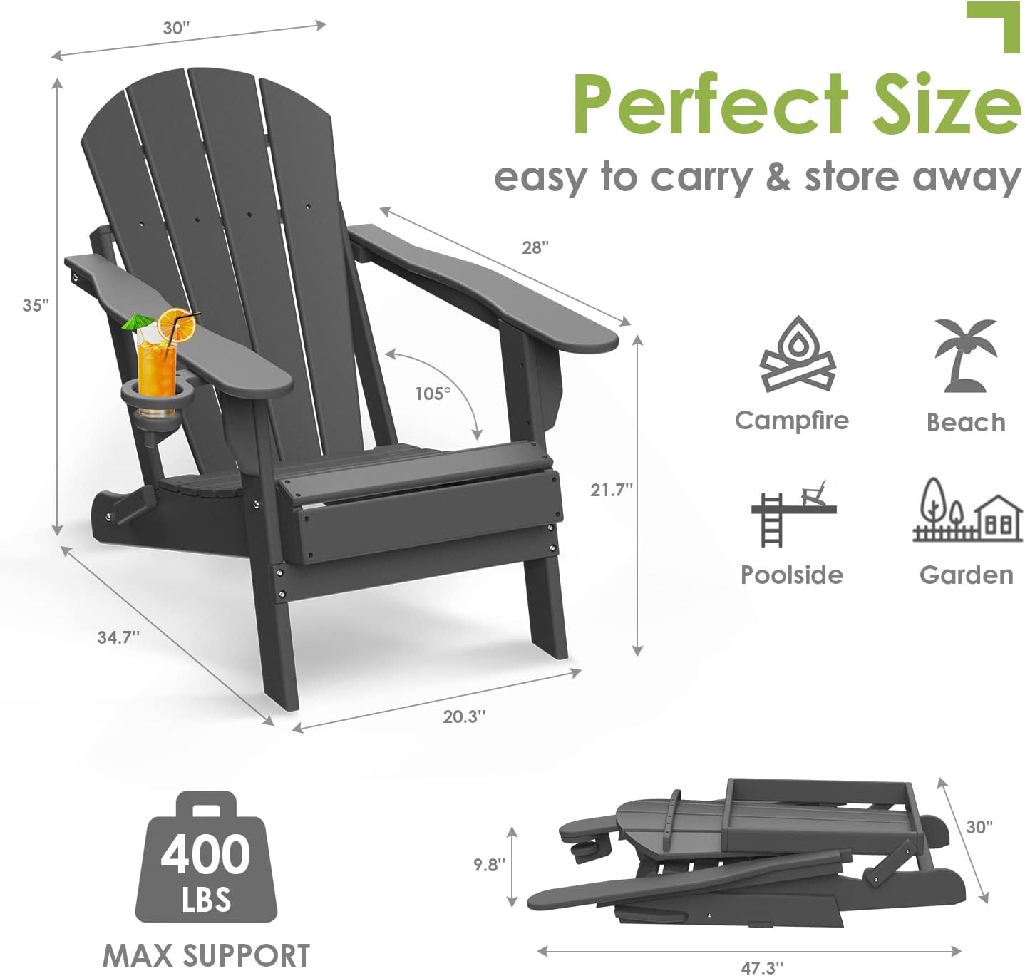 GREENVINES Folding-Adirondack-Chairs-Set-of-6 | HDPE Plastic | Fire Pit Chair | All Weather | Cup Holder | Grey | for Deck Backyard Patio Outdoor Garden