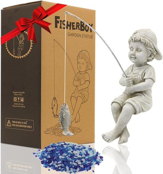 Goodeco Fisherboy Statue Garden Decor - 11" Little Fishing Guy for Koi Pond or Waterfalls, Poolside Statue with Glow in Dark Pebbles Included, Great Gifts for Mom, Women or Birthdays, Gift Ideas