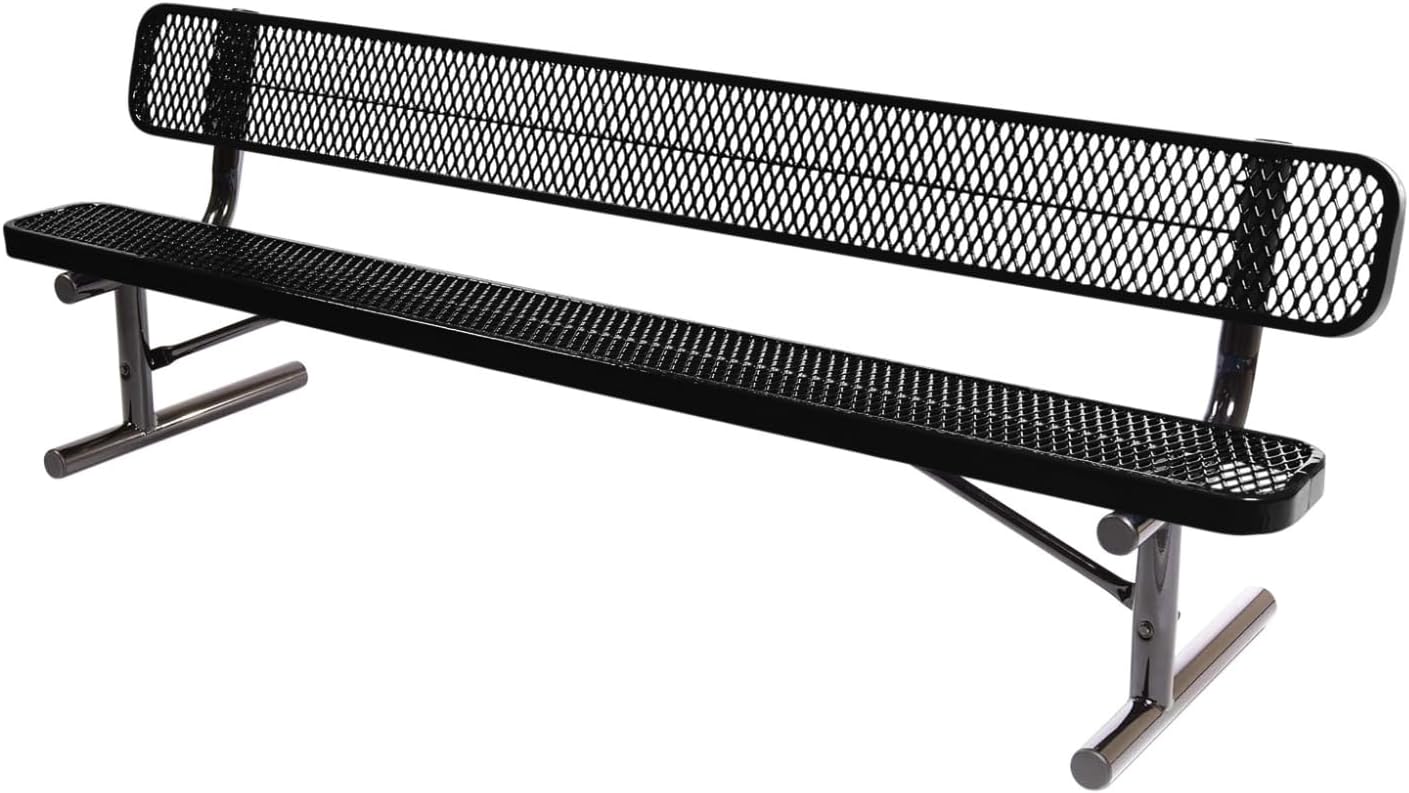 Heavy-Duty Portable Outdoor Bench Thermoplastic Coated, Expanded Metal, Commercial-Grade Seating, Made in America (Portable with Back, 8 Ft, Textured Black)