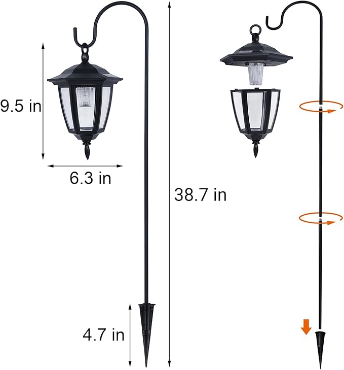 Dynaming 4 Pack Solar Hanging Lights Outdoor, Solar Powered Garden Decorative Lanterns with 4 x 38 Inch Shepherd Hooks, Waterproof Landscape Lighting for Lawn Patio Yard Pathway Driveway, Warm White