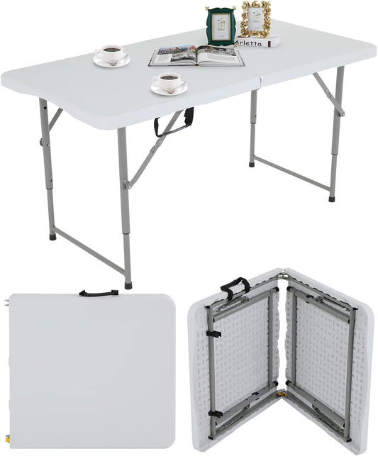 4FT Folding Table, Height Adjustable Table, Heavy Duty Plastic Tables Portable Fold-in-Half Utility Table w/Handle & Lock for Camping BBQ Party Banquet Wedding Market Events, 330LBS