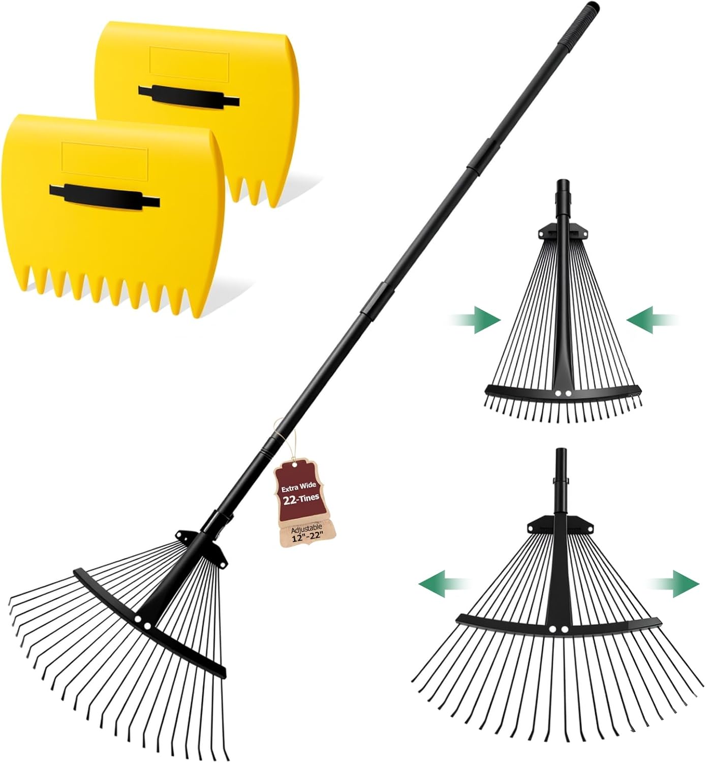 Extra Wide 22-Tines Adjustable Leaf Rake & Leaf Scoops Set, 12"-22" Width Adjustable Metal Garden Lawn Rake for Leaves, Heavy Duty & Lightweight for Flower Bed/Under Shrub/Pine Needle & Narrow Space