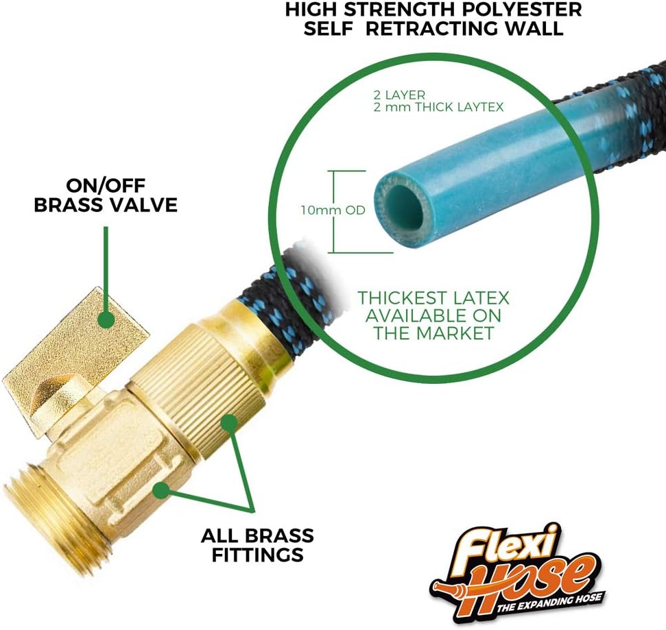 Flexi Hose with 8 Function Nozzle, 50FT - Lightweight Expandable Garden Hose, No-Kink Flexibility, 3/4 Inch Solid Brass Fittings and Double Latex Core