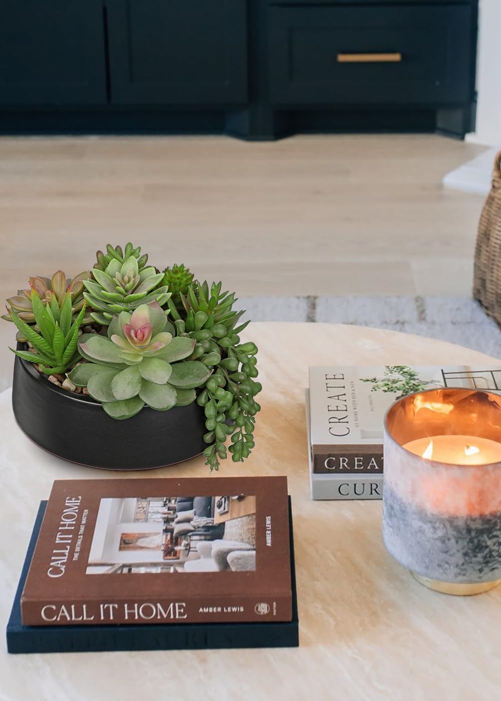DILATATA Artificial Succulent Plants in Pot 5.5 Inch Fake Succulents Arrangement Potted Plant in Black Ceramic Planter Bowl for Home Office Desk Shelf Living Room Bedroom Bathroom Decor