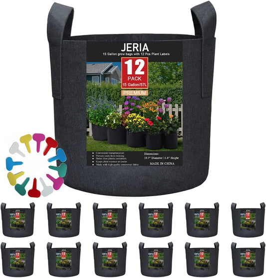 JERIA 12-Pack 15 Gallon, Vegetable/Flower/Plant Grow Bags, Aeration Fabric Pots with Handles (Black), Come with 12 Pcs Plant Labels