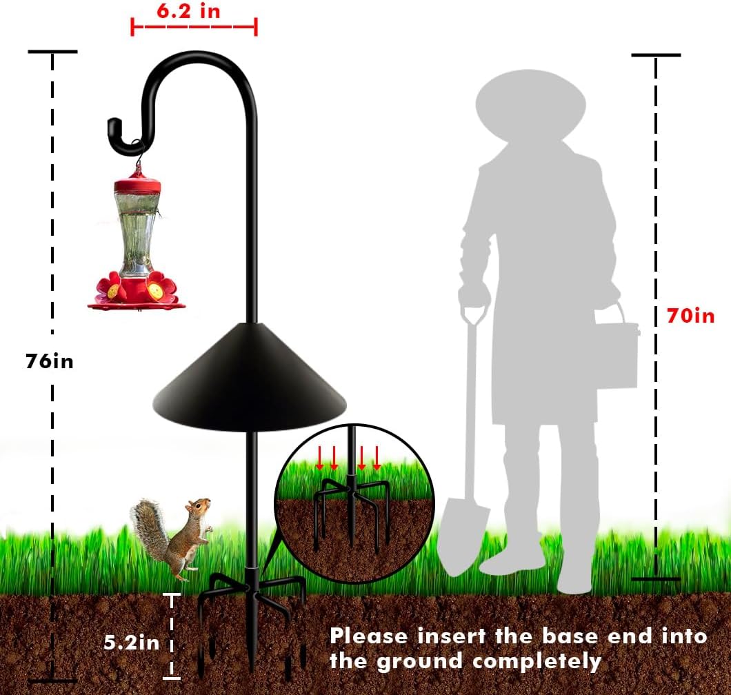 76 in Outdoor Shepherd Hooks for Hanging Plants, Garden Adjustable Heavy Duty Hummingbird Feeder Pole Stand Hanger with Stand for Solar Lantern Flower Baskets Wind Chimes, Black 1 Pack