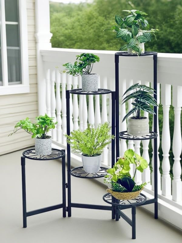 6 Tier Outdoor Plant Stands for Patio Metal Foldable Corner Tall Plant for Indoor Outdoor Shelf Living Room Balcony Garden Patio Black