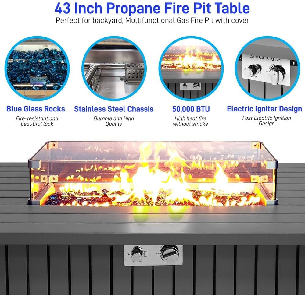 Outdoor Propane Fire Pit Table - CSA/ETL Certified 50,000 BTU Pulse Ignition Weatherproof Rectangle Propane Gas Fire Table w/Adjustable Flame - Glass Rocks Wind Guard, Black - SereneLife SLFPSX55