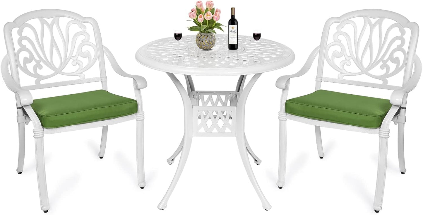 MEETWARM 3 Piece Patio Bistro Set, Outdoor All-Weather Cast Aluminum Dining Furniture Set Includes 2 Chairs and a 31” Round Table with Umbrella Hole for Garden Deck, White