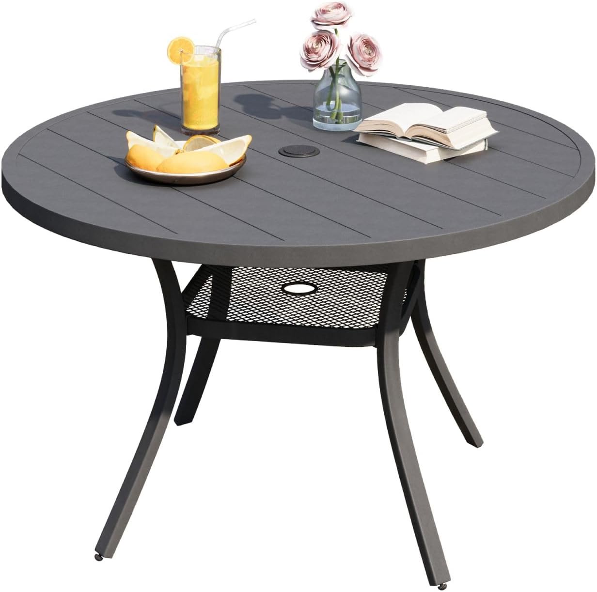 DIFY 48" Round Patio Dining Table for 6, All Weather Round Outdoor Metal Dining Table with 1.57" Umbrella Hole, Perfect for Backyard Lawn Garden, Grey