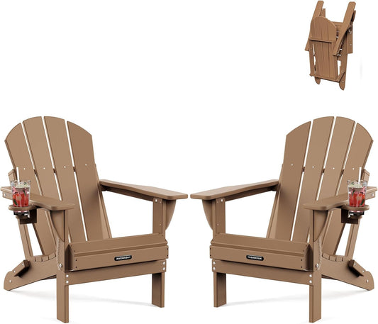 MUCHENGHY Folding Adirondack Chairs Set of 2, Patio Chairs, Lawn Chairs, Outdoor Chair, Adirondack Chair Plastic, Fire Pit Chairs, Weather Resistant with Cup Holder for Deck, Backyard, Garden(Teak)
