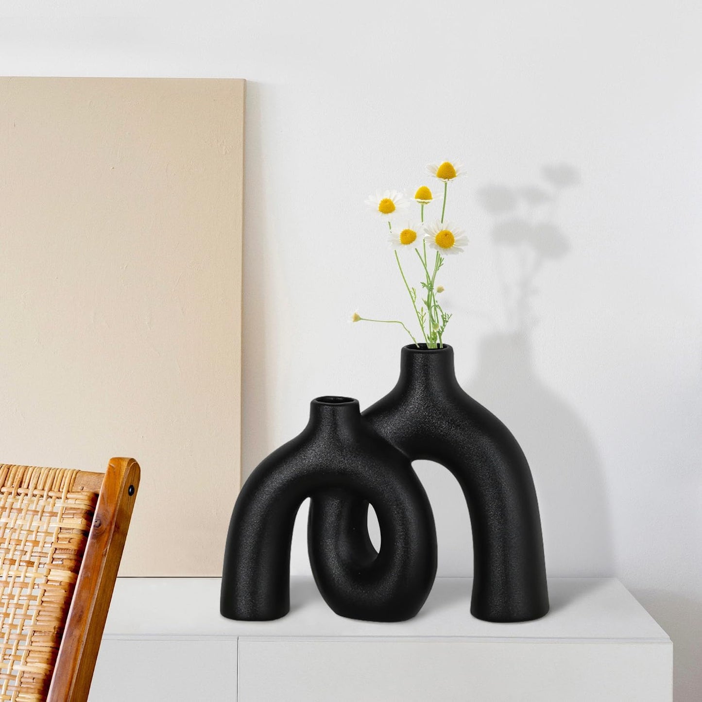 CEMABT Modern Nordic Boho Vase Set - Elegant Black Matte Ceramic Home Decor for Living Room, Bookshelf, Mantel, Entryway Table & Console Décor | Shelf Decorations Gift