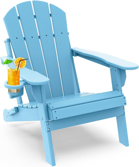 GREENVINES Folding-Adirondack-Chair | HDPE Plastic | Fire Pit Chairs | All Weather | Cup Holder | Arctic | for Deck Backyard Patio Outdoor Garden