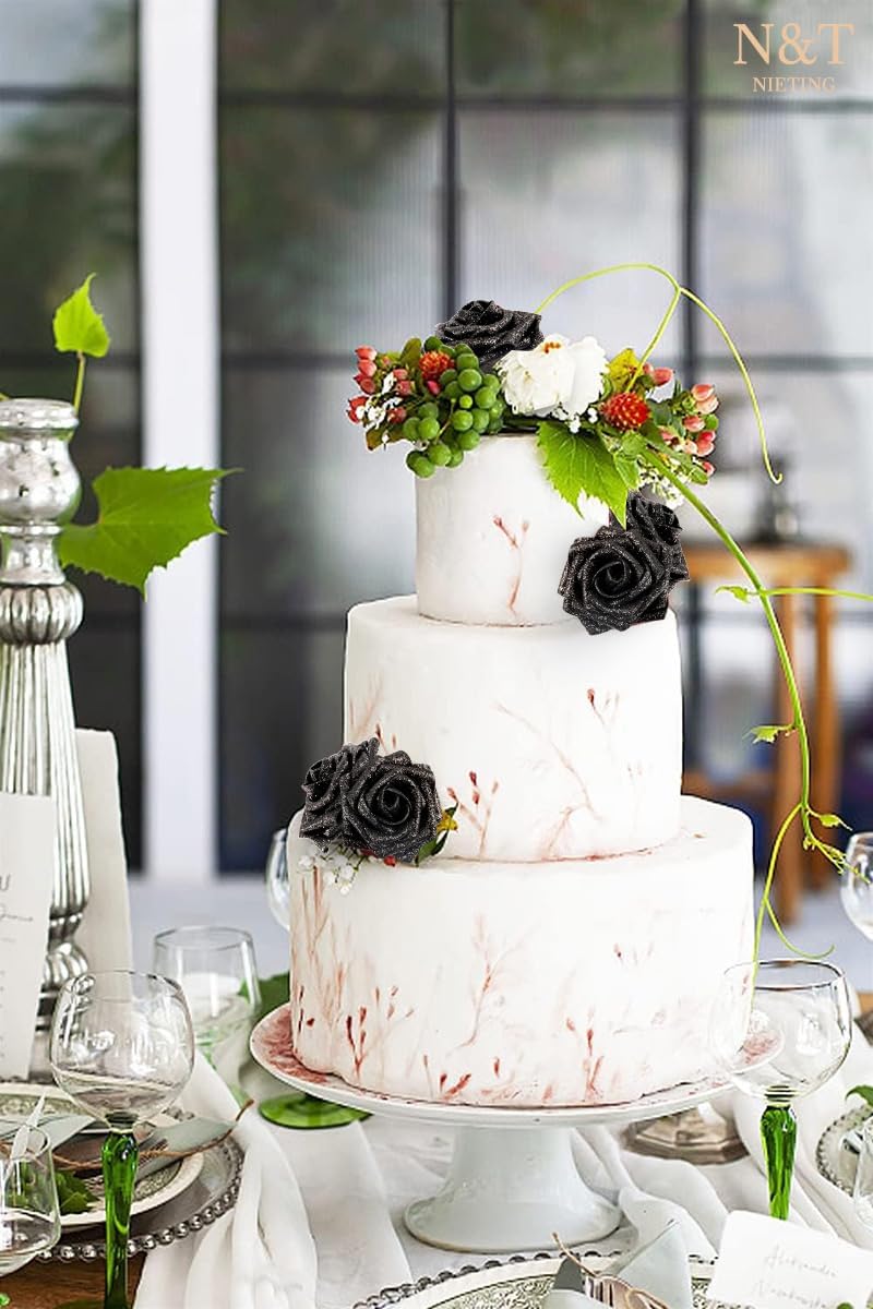 N&T NIETING Artificial Flowers Black Glitter Flowers Foam 25pcs Glitter Roses Real Looking Fake Roses with Stem for DIY Wedding Bouquets Centerpieces Bridal Shower Party Home Decorations