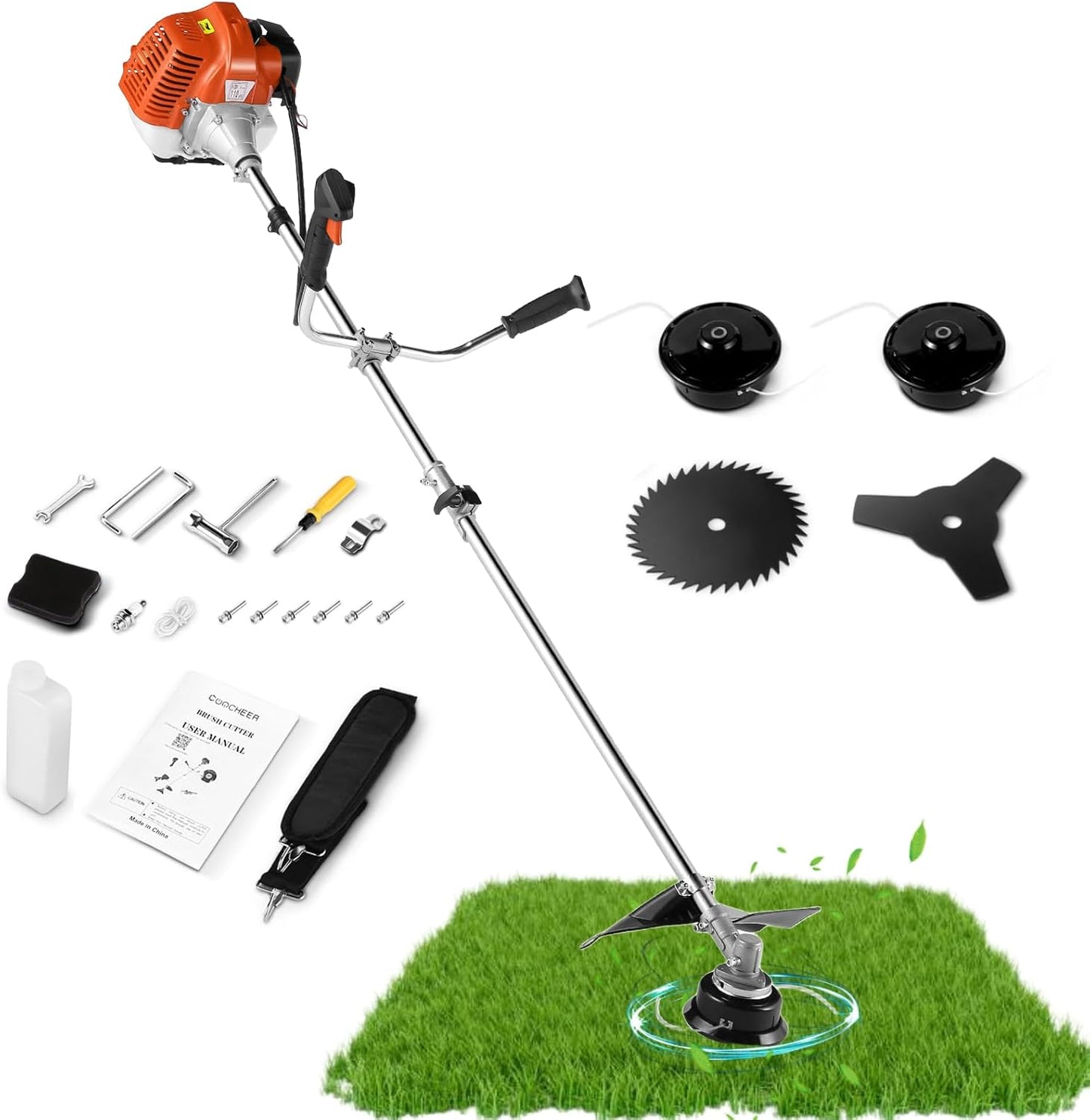 COOCHEER 58cc Gas Weed Eater, 4 in 1 String Trimmer 2-Cycle Gas Powered Weed Wacker Brush Cutter with 18.5’’ Cutting Path, Straight Shaft Weed Trimmer Grass Cutter for Yard, Garden Care, Orange
