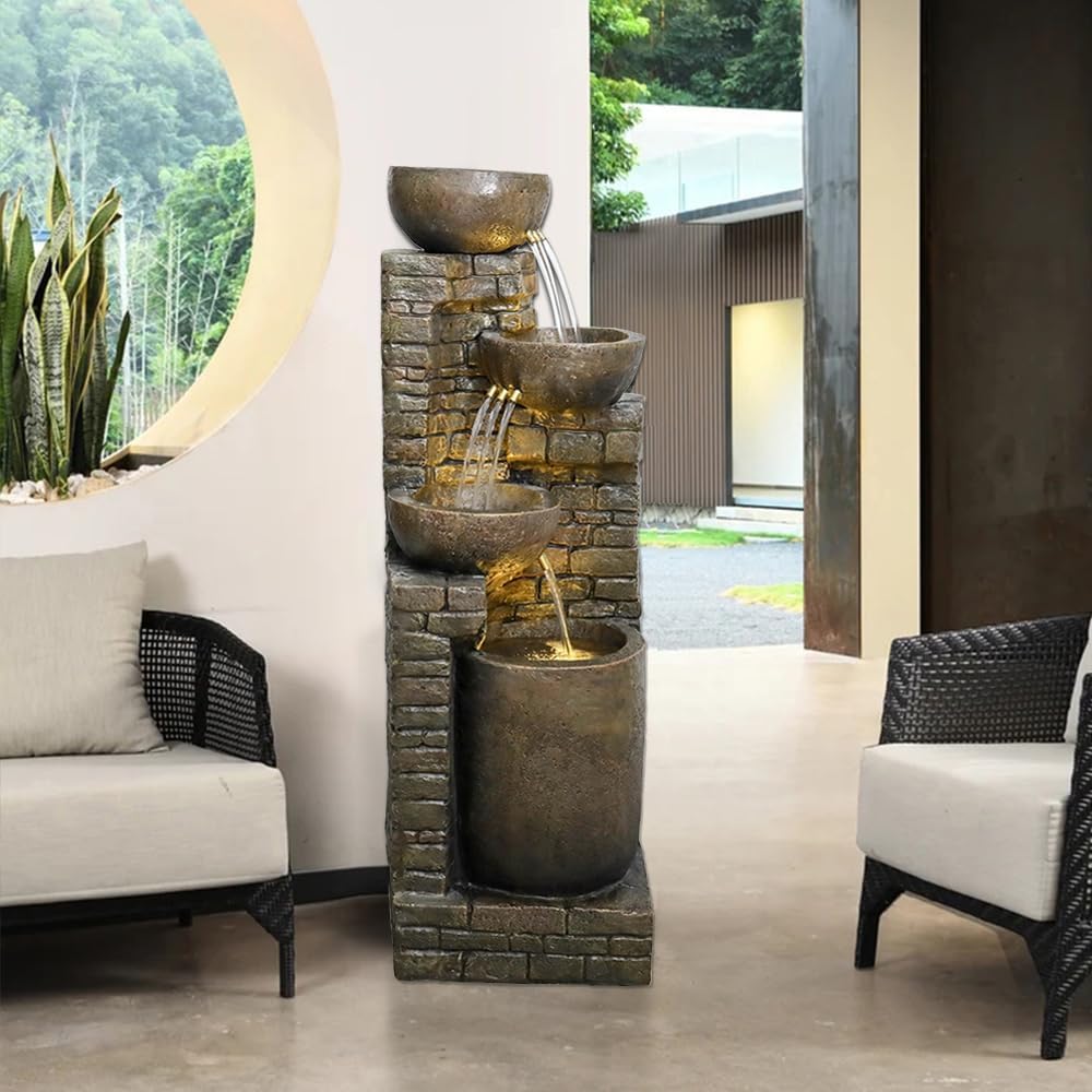 38.2 ''H Cascading Bowls and Stacked Stones with Led Lights Outdoor Water Fountain for Gardens, Landscaping, Balconies, Floor Patio,Backyard and Home Art Decor