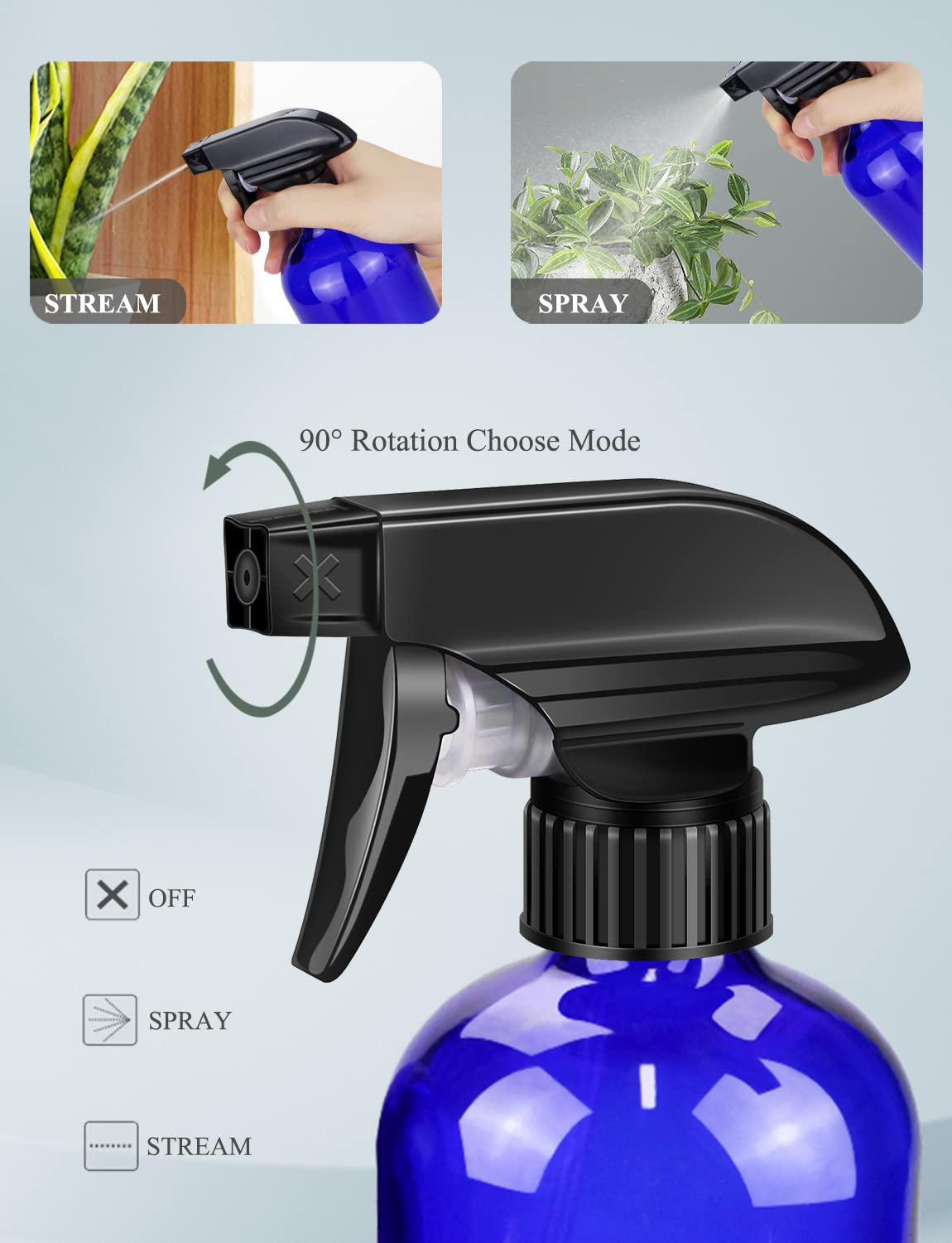 Wedama Glass Spray Bottle, 2 Pack Blue 16 oz Glass Spray Bottles for Cleaning Solutions and Essential Oils, Refillable Empty Spray Bottle with Adjustable Nozzles for Alcohol, Plant and Hair Care