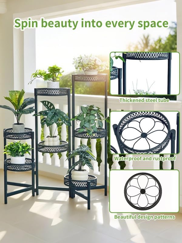 Plant Stand Indoor Outdoor, 7 Tier Large Plant Stand with 7.9-Inch Wide Drainage Tray, Tiered Corner Metal Iron Flower Display Holder Shelf, Folding Tall Rack for Patio Balcony Porch - BlackFlower