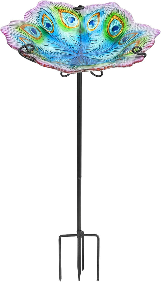 MUMTOP Glass Bird Bath, Garden Outdoor Birdbaths Birdfeeder with Metal Stake Peacock Bird Baths for Outside Yard