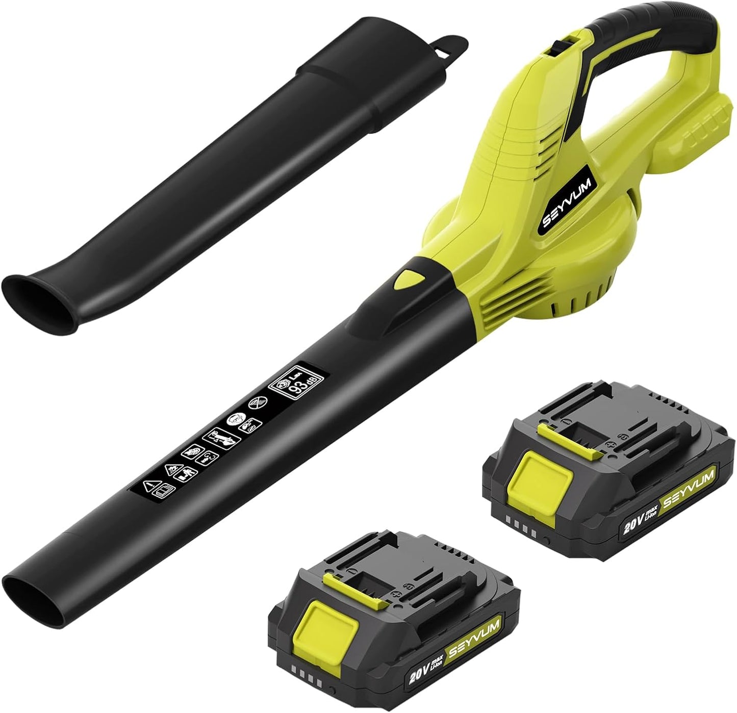SEYVUM Leaf Blower, 20V Cordless Blower with 2 x 2.0Ah Battery, Electric Leaf Blowers for Lawn Care, 320 CFM 150 MPH Battery Powered Leaf Blower, for Patio, Garden Cleaning, Fast Charger, Lemon Green