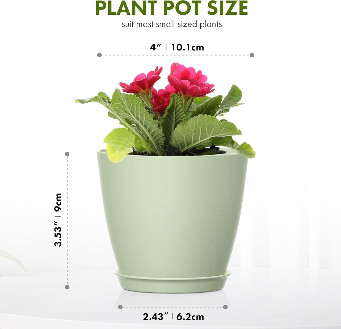 8 Pack 4 Inch Plant Pots with Drainage Holes and Saucers, Pots for Plant Indoor, Plastic Planters for Succulents and Small Plants, Green