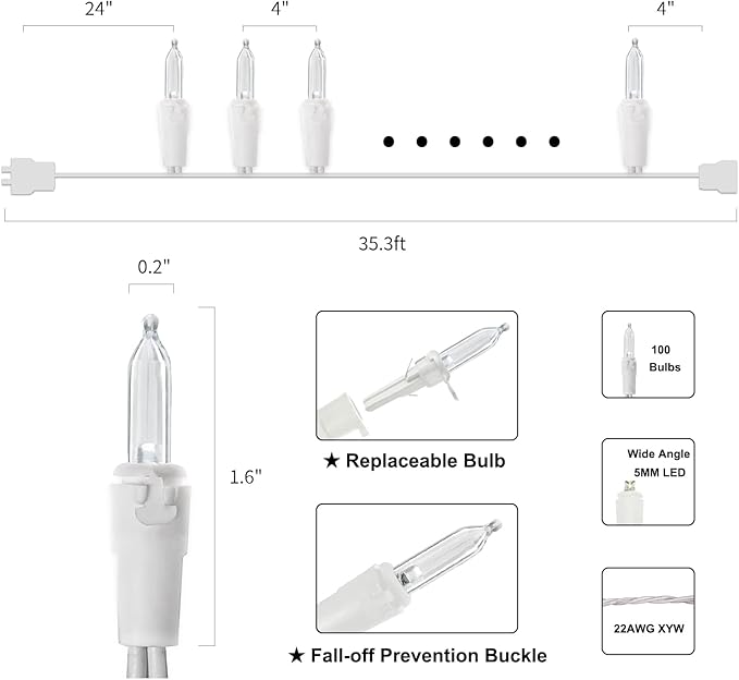 MULTI-SPARKING White LED Christmas Lights - 100 Count Cool White Christmas String Lights for Tree, Party, Wedding, Holiday, Indoor and Outdoor Decor, 33 Feet White Wire, UL Certified, Connectable