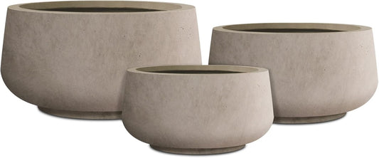 Kante 21.6",16.9",and 12.5" Dia Round Weathered Concrete Elegant Planters (Set of 3), Outdoor Indoor Garden Plant Pot with Drainage Hole and Rubber Plug for Home & Patio