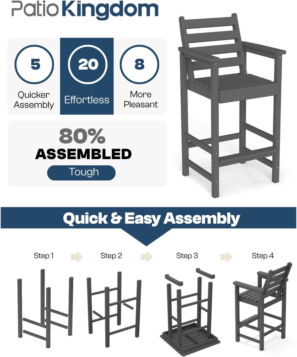 Outdoor Bar Set, 3-Piece HDPE Balcony Set with 2 Tall Adirondack Chairs and Bar Table, All-Weather Bar Height Stools for Patio, Backyard, Poolside (Grey)