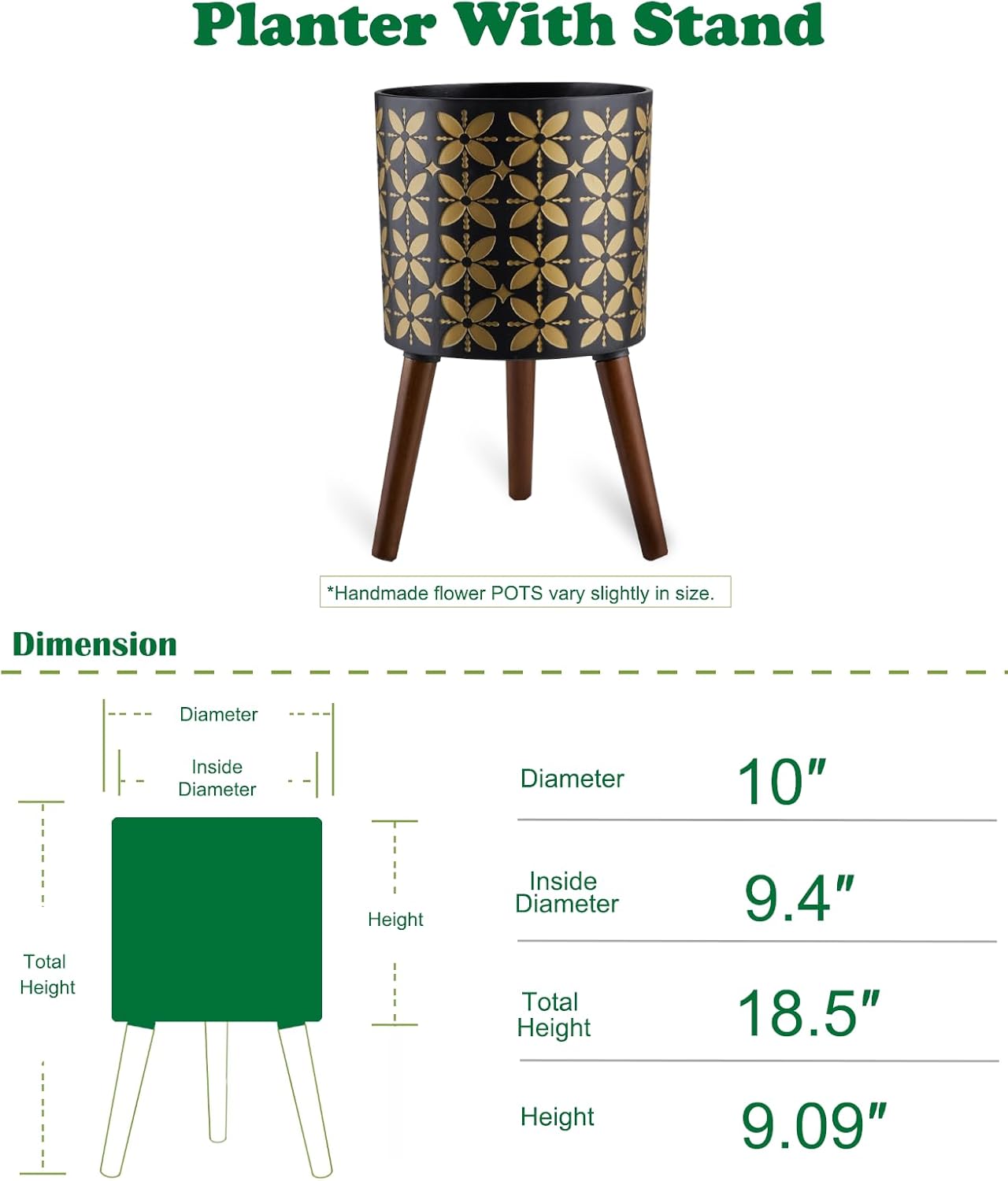 10 Inch Plant Pot with Stand, Planter for Indoor Plant Mid-Century with Drainage Holes for Outdoor,Black and Gold