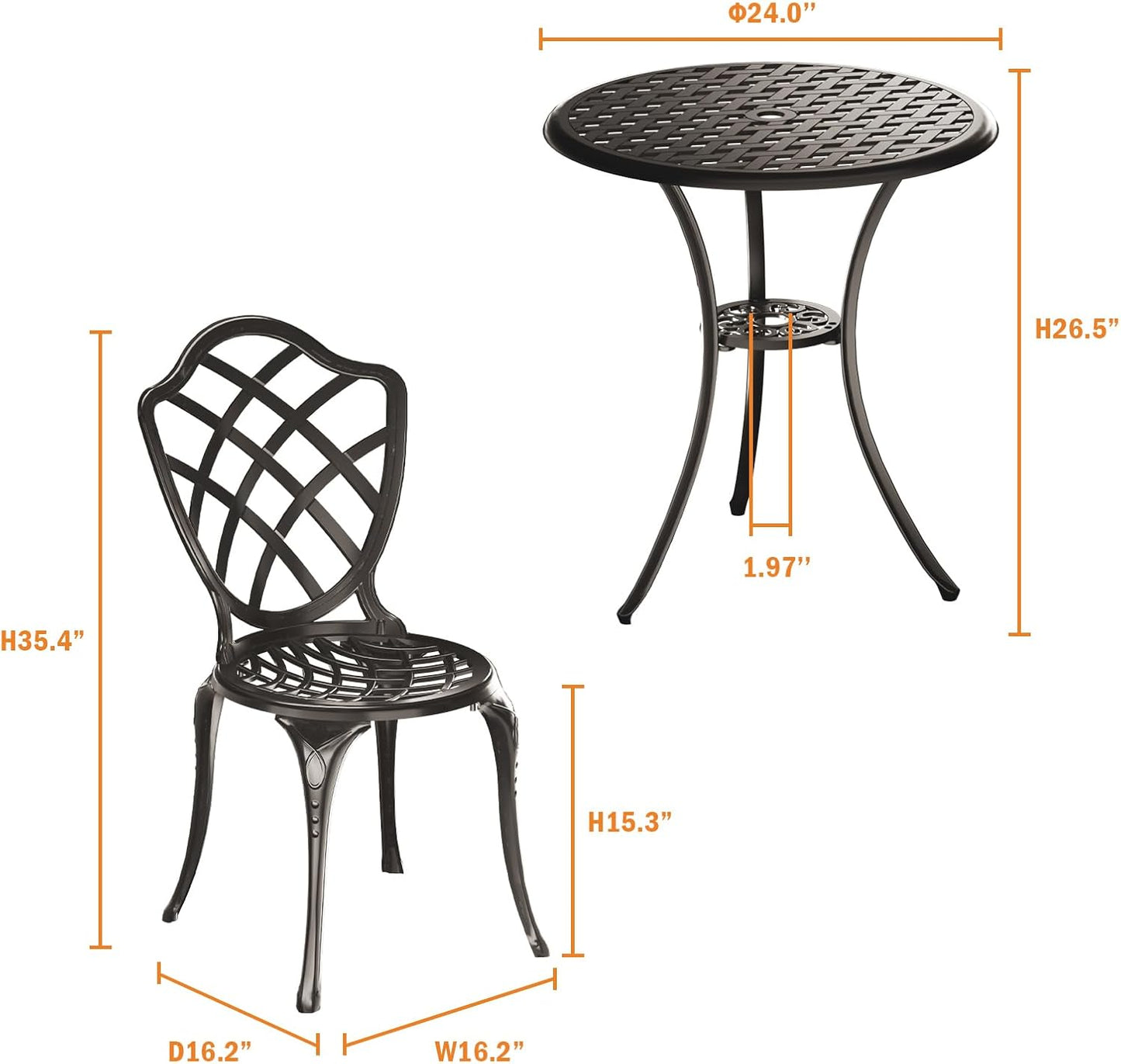 3 Piece Patio Bistro Set, Outdoor Bistro Table and Chairs Set of 2 w/Umbrella Hole, Rust-Resistant Cast Aluminum Bistro Set for Garden/Balcony/Backyard, Black