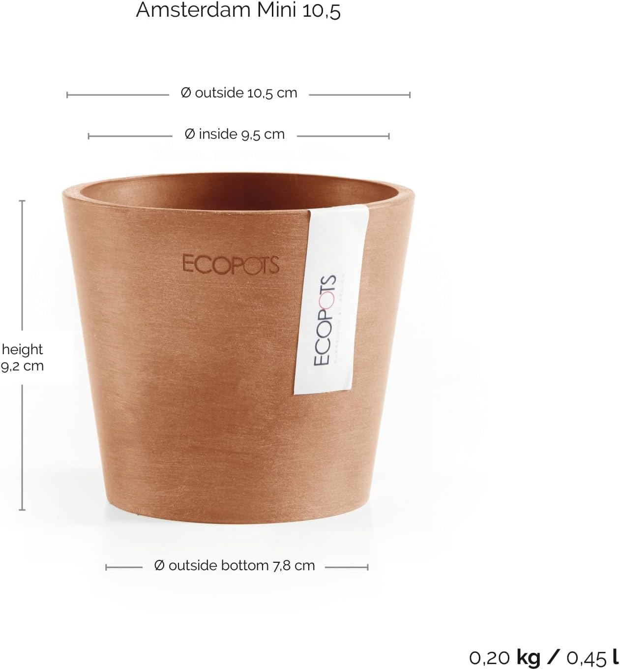 Ecopots Amsterdam Mini Durable Modern Round Recycled-Based Composite Flower Pot Planter, Terracotta Color, 4"