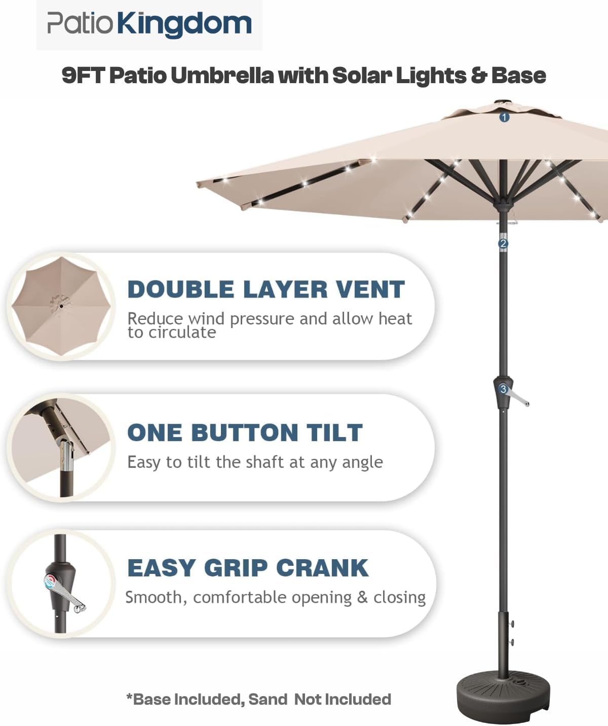 3-Piece Outdoor Bar Set with Beige 9FT Patio Umbrella, HDPE Tall Balcony Adirondack Chairs and Table, All-Weather Outdoor Bar Stools for Patio (White)