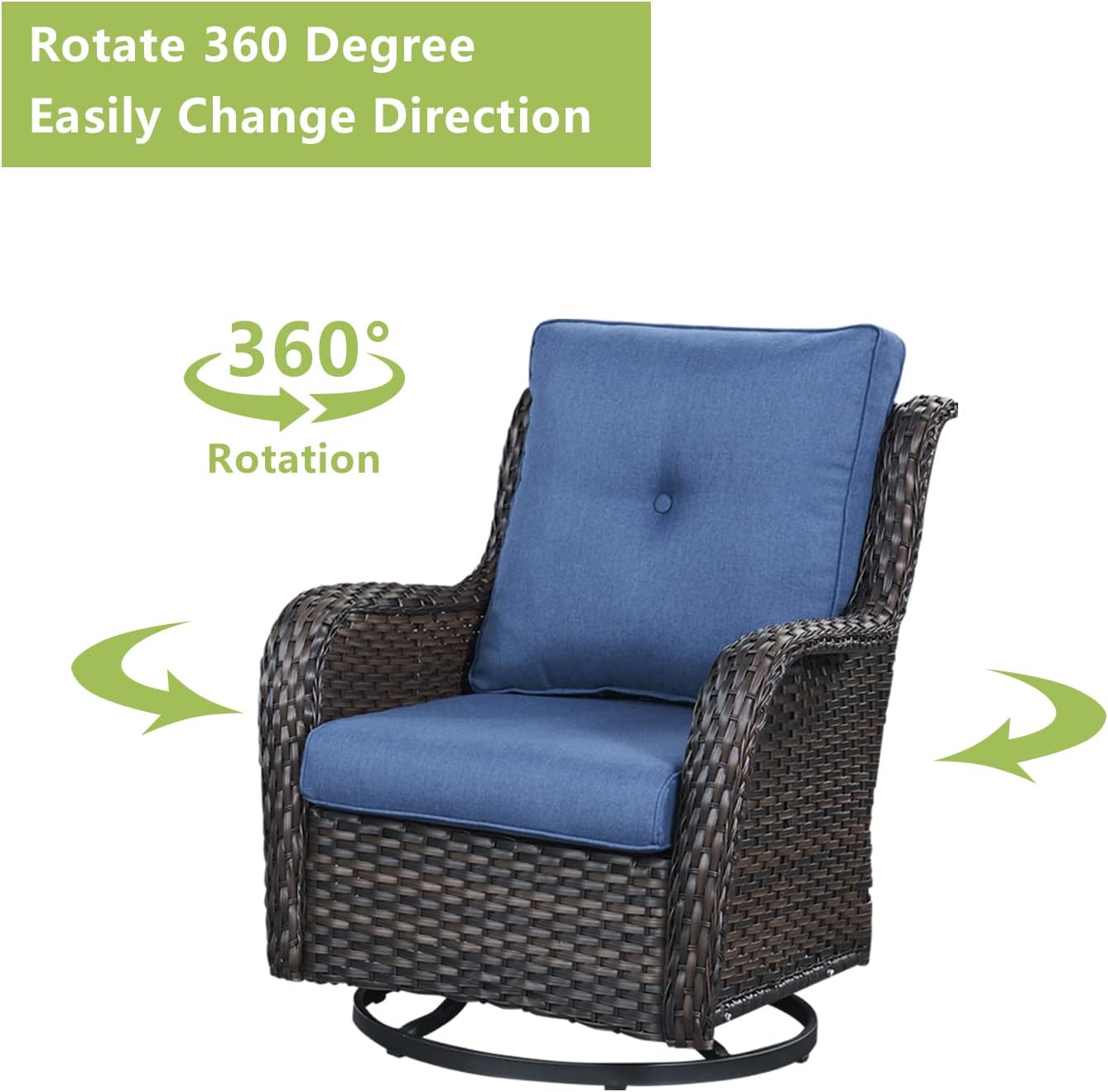 Outdoor Patio Swivel Rocker Chairs - 3 Piece Patio Bistro Set,Wicker Patio Furniture Set with 2 Swivel Rocking Chairs and 1 Glass Top Side Table for Deck Porch Garden,Brown/Blue