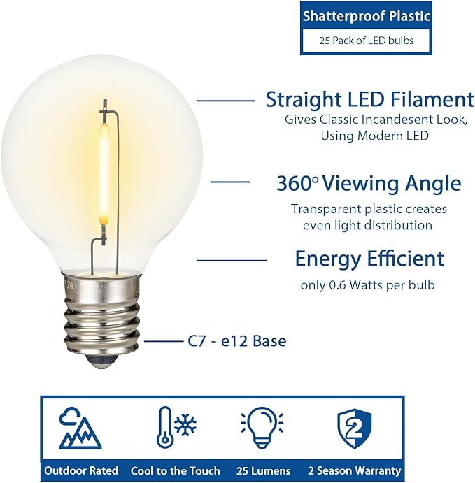 Novelty Lights 25 Feet G40 LED Patio String Lights with 25 Bulbs, Warm White, Weather Resistant and Shatterproof Replaceable Plastic Globe Bulbs, Green Wire