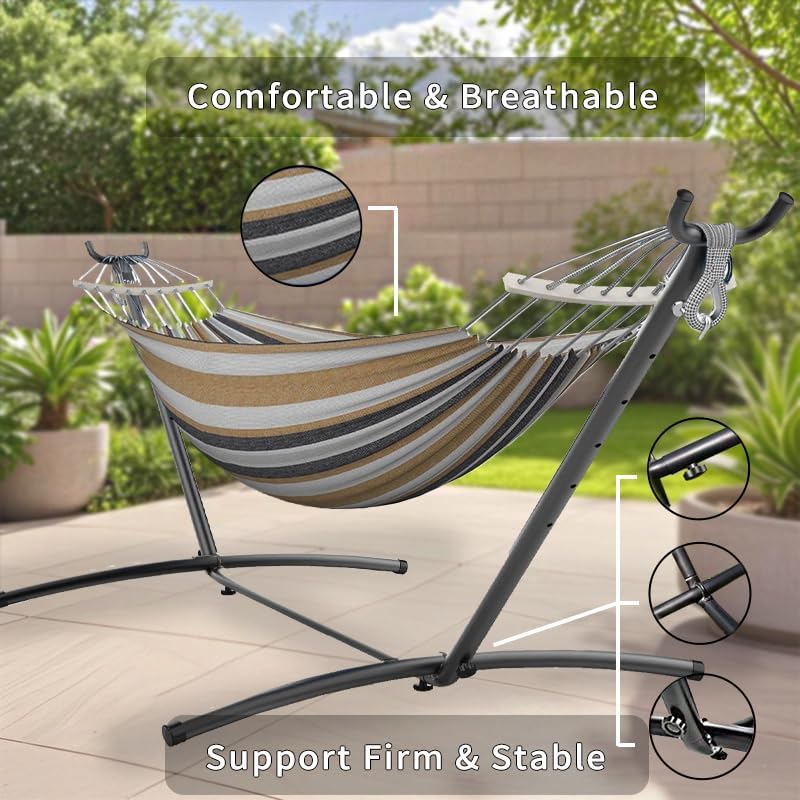 Double Hammock, Heavy Duty Portable, 500 lb Weight Capacity, Perfect for Both Indoors and Outdoors, 2 Person Hammock with Carrying Bag, Coffee
