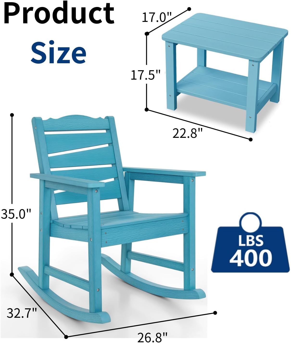 3-Piece Patio Rocking Chairs Set, Weatherproof HIPS Outdoor Rocking Chair for Adults, 400LBS Support Rocking Chairs with Table for Garden, Porch, Backyard and Indoor, Lake Blue
