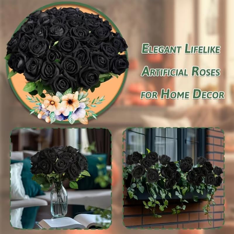 50 PCS Fake Black Roses, Artificial Flowers Bulk Halloween Decorations Realistic Silk Faux Black Roses with Stems for Gothic Wedding Party Decor, Bridal Bouquets DIY Floral Arrangement Home Decor
