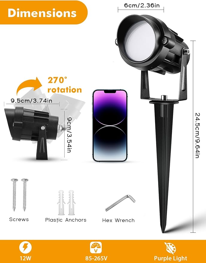 Christmas Spotlight Outdoor Black Light Spotlight, 12W Purple Spot Lights Waterproof Landscape Light Plug in Black Lights for Glow Party Fence Christmas Decorations Yard Garden Stage Decor, 1 Pack