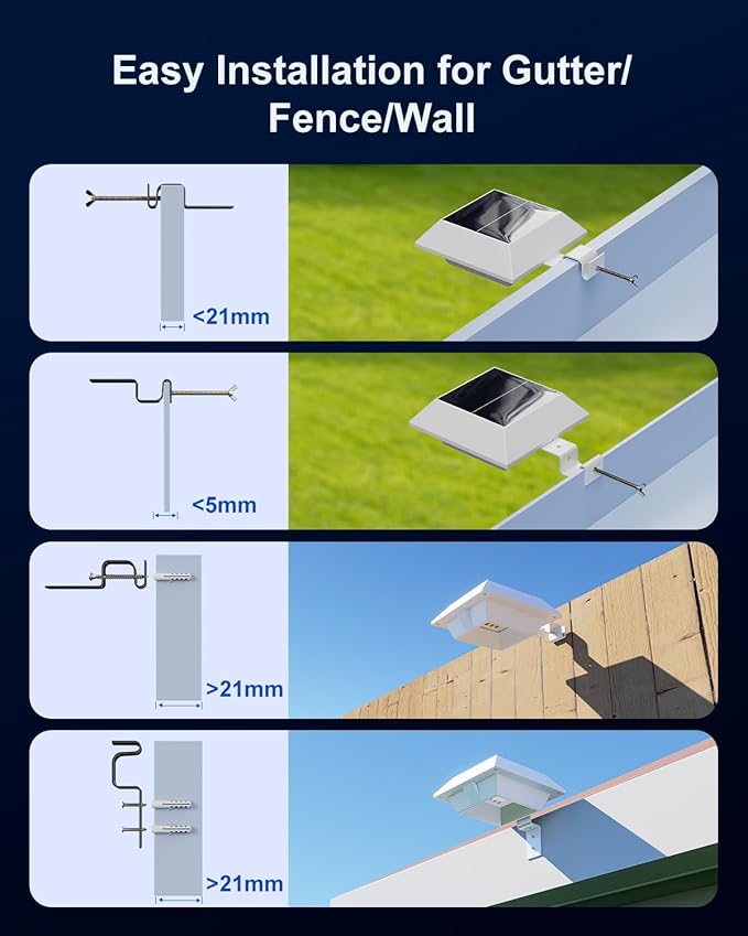 8 Pack White Solar Powered Gutter Lights Outdoor Decorative Waterproof 12 LEDs Yard Lamp for Lighting Fence, Railing, Outside Wall, Deck, Garden, Path, Backyard, Walkway, Patio, Holeless Installation
