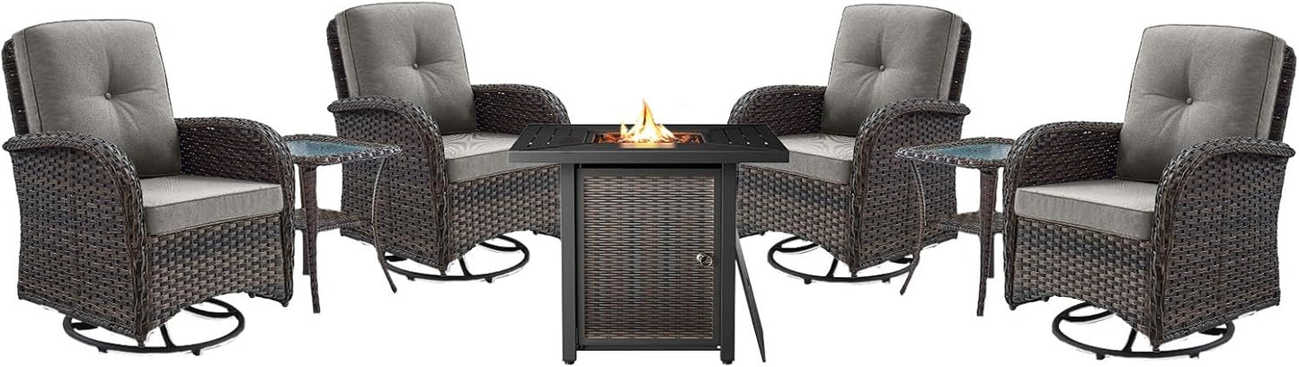 7-Piece Modern Brown Wicker Patio Conversation Set - 4 Swivel Glider Chairs, 2 Side Tables & 30" 50,000 BTU Propane Fire Pit Table