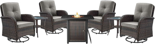 7-Piece Modern Brown Wicker Patio Conversation Set - 4 Swivel Glider Chairs, 2 Side Tables & 30" 50,000 BTU Propane Fire Pit Table