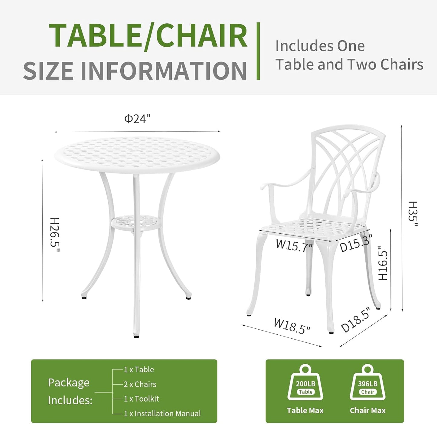 Cast Aluminum Bistro Table and Chairs Set of 2 with 1.97" Umbrella Hole,Weather Resistant 3 Piece Bistro Patio Set Outdoor Patio Furniture Set for Front Porch,Garden,Woven White