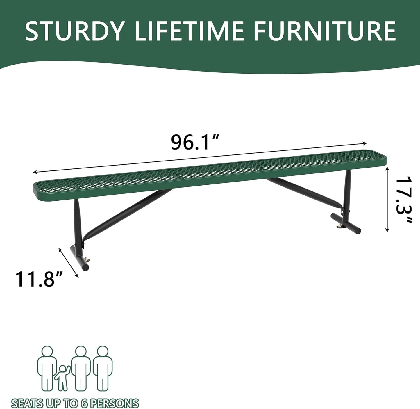 8 Feet Heavy Duty Metal Park Bench for Outside, Outdoor Bench with Portable Frame, Commercial Benches for Shopping Mall, Store, Park, Patio, Deck, Green