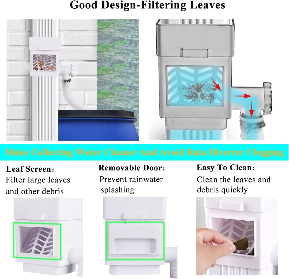 Rain Barrel Diverter Kit, Downspout Diverter Fits for 2x3 or 3x4 Inch Gutter Downspouts, Rainwater Collection System with Adjustable Valve and Filter - White