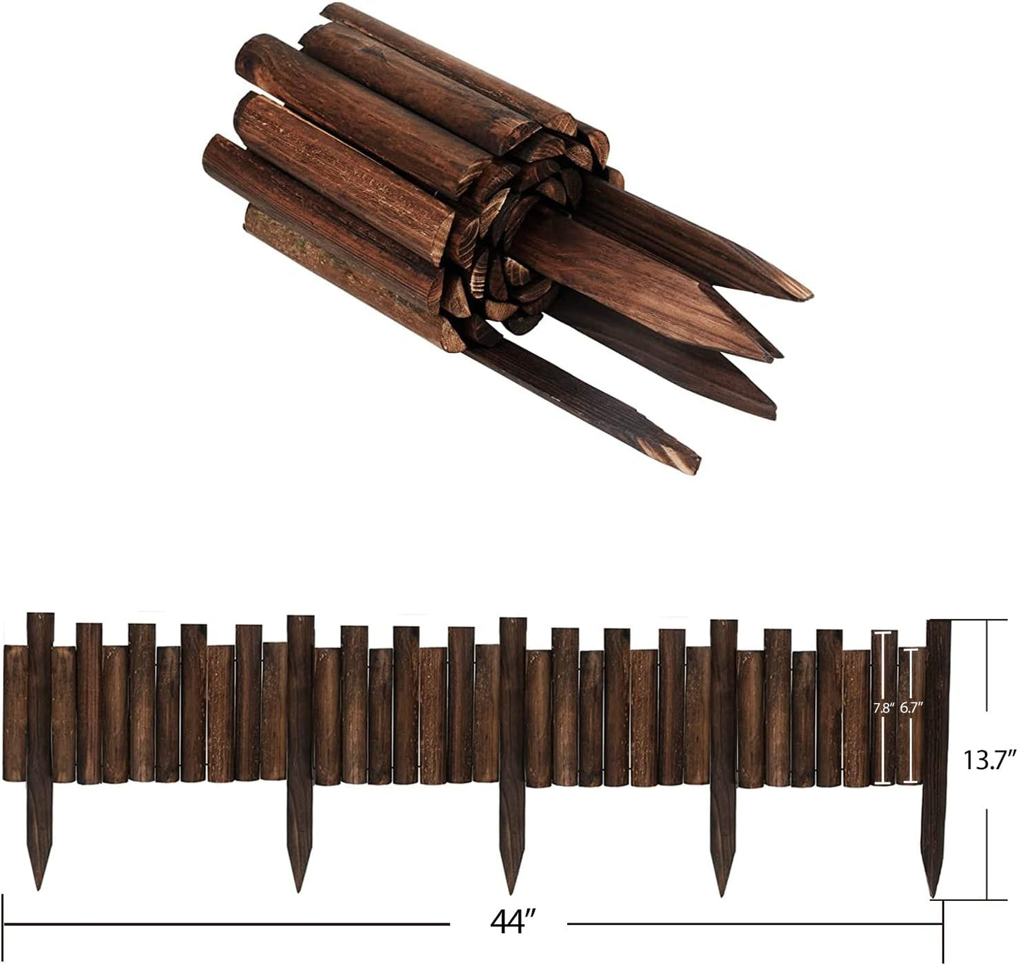 Worth Garden Wooden Staggered Short Fence - 8 in. H. x 3.7 ft. L. Burnt Wood Finish Outdoor Landscape Edging Flexible Decorative Border - Garden Yard Flower Bed Tree Fence - Stakes 4 in. Height