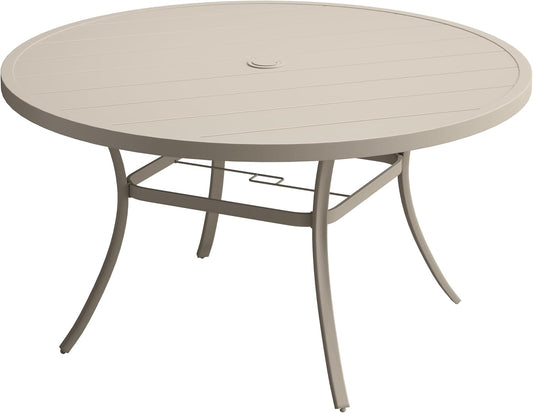 VICLLAX 60" Outdoor Round Patio Table for Lawn Garden, All Weather Metal Round Patio Dining Table with Adjustable Umbrella Hole, Outdoor Table for 8-10 Person, Cream Color Tabletop