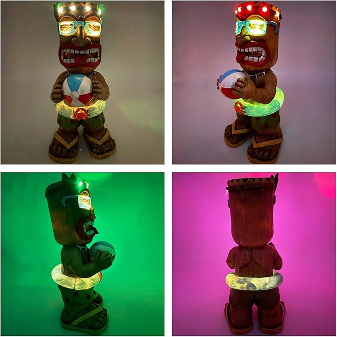 Large Float Tiki Garden Statue,Funny Tiki Decor Figurine with Multi-Color Changing Solar Lights,Hawaiian Tiki Man Outdoor Patio Yard Lawn Bar Party Beach Pool Decoration,Christmas Ornament Gift