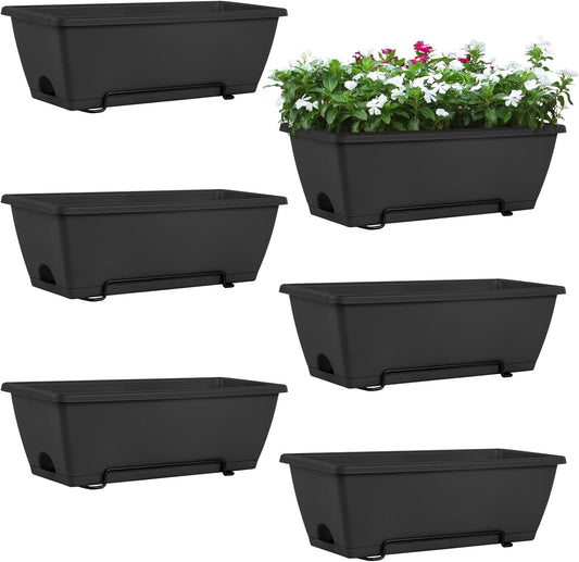 HAITRAL Hanging Planters for Outdoor Plants,Deck Railing Planter Boxes Countryside Style Window Boxes Planters, Balcony Flower Pots Plastic Railing Planter with Metal Brackets for Fence,Black 6 Pcs