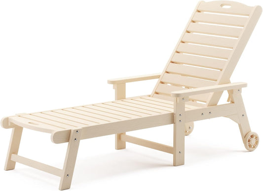 LUE BONA Outdoor Chaise Lounge, 79'' Oversized HDPS Chaise Lounger, 5 Positions Adjustable Lounge Chairs, Pool Lounge Chair with Wheels for Poolside, Backyard, 3 Year Warranty, Sand