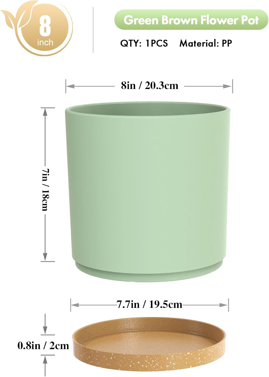 8 Inch Medium Flower Pots for Indoor Outdoor Plants, Cylinder Deep Plant Pots with Drainage Holes & Saucer, Decorative Plastic Planter Pots for Garden House Plants, Green with Brown